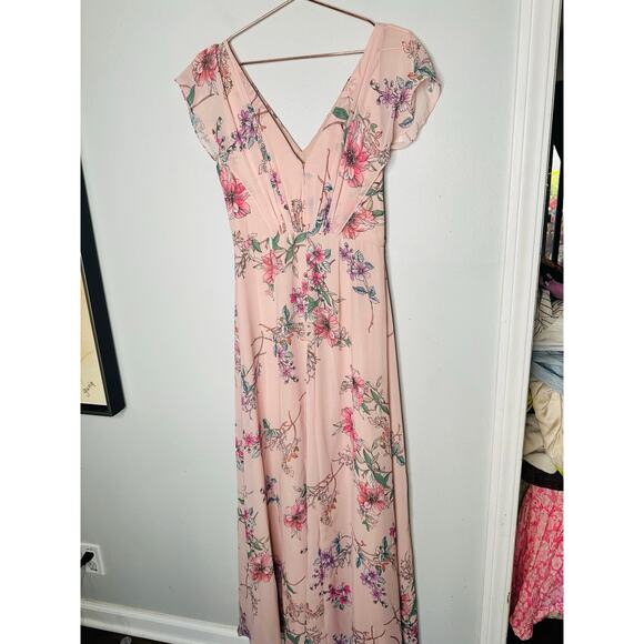 MONIQUE LHUILLIER Pink Floral Crepe Short Sleeve Floral Gwen Gown Size 6 - Picture 9 of 14